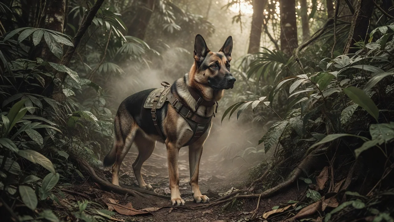 German Shepherd scout dog and handler moving cautiously through thick Vietnamese jungle