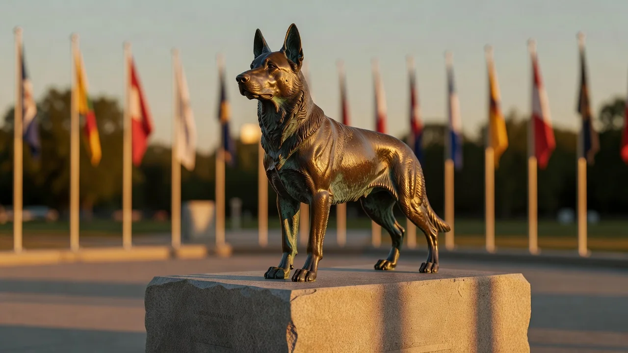 Bronze statues of military working dogs and handlers at various memorial sites across America