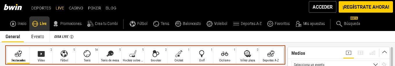 Apuestas en vivo bwin